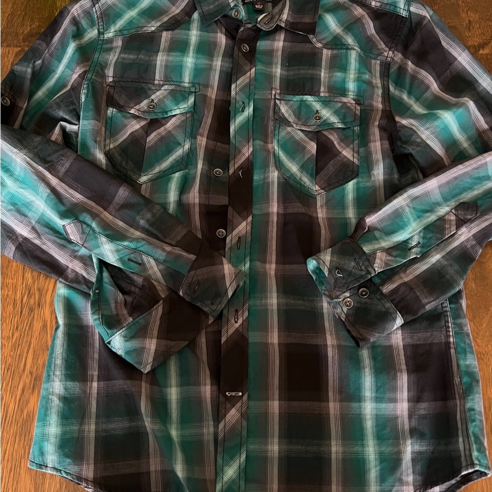 Rock & Republic Plaid Button Down Shirt in Teal and Black Size M